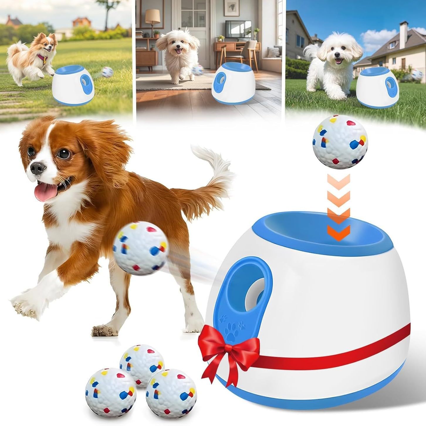 Lanceur de balles automatique pour chien – Petite machine de lancer de balles automatique interactive amusante pour chien avec 3 balles en latex durable, distance de tir réglable de 3 à 9 m, adaptée