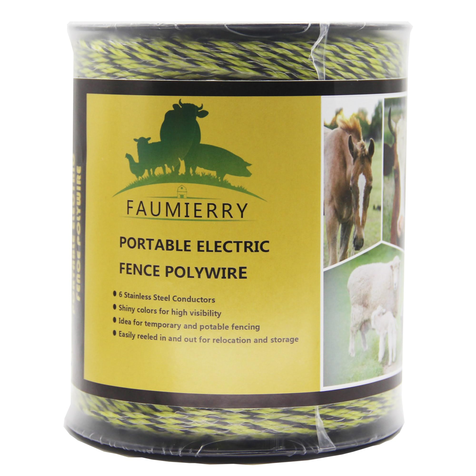 Valla eléctrica portátil de polialambre de 1650 pies y 500 metros, 6 conductores de acero inoxidable para una conductividad confiable, tratamiento UV, resistencia a la corrosión, amarillo y