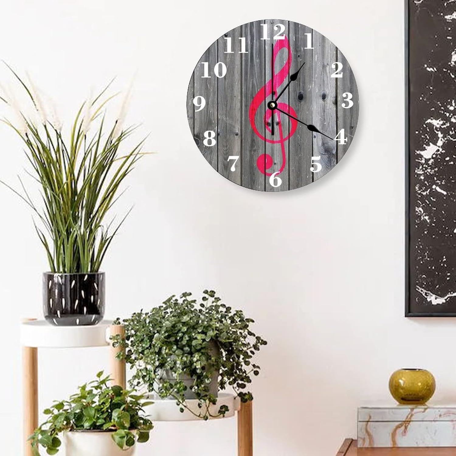 Decorative Silent No Ticking Wall Clock Vintage Hot Pink Music Note Round Modern Wooden Clocks for Bedroom Living Room Home Office School Wall Art Decor, 12 Inches