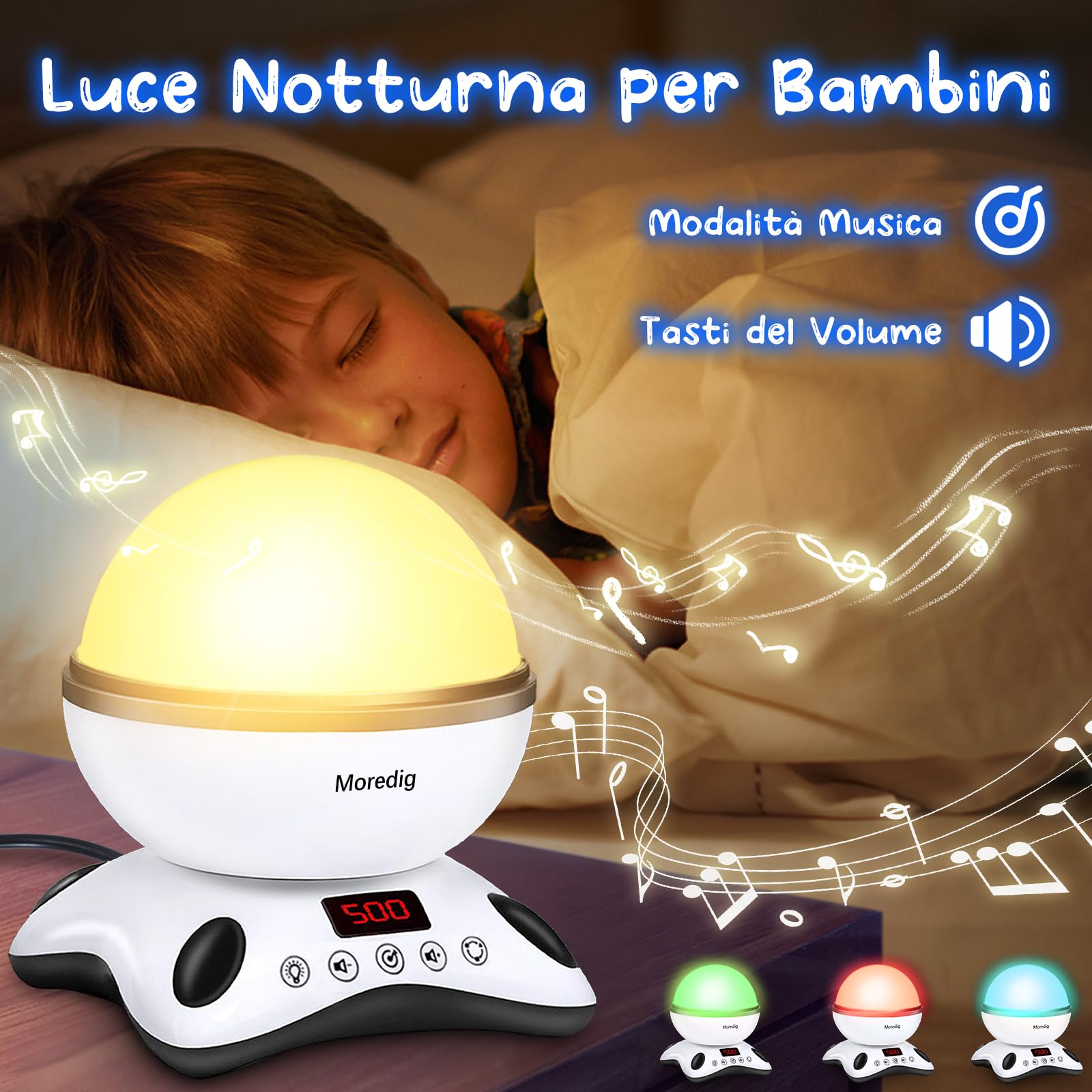 Moredig - Proiettore Stelle Bambini, 360° Rotazione Musicale Proiettore Bambini con Schermo a Led e Telecomando, 8 Modalità Luce Notturna Bambini, Regali per Neonato, Bambini