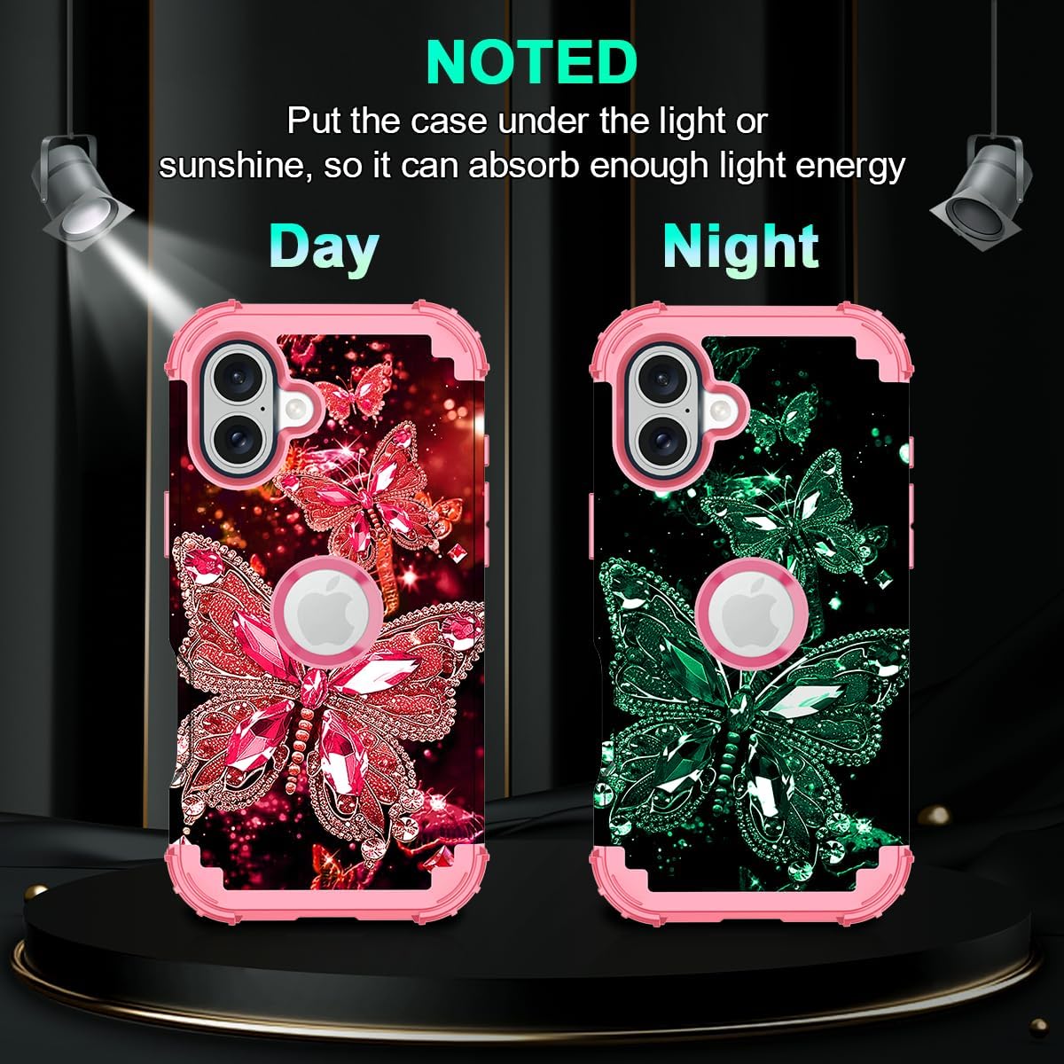 Hekodonk for iPhone 16 Plus Case,Glow in The Dark Three Layer Heavy Duty Shockproof Protection Hard Plastic+Soft Silicone Full Body Drop Protective Case for Apple iPhone 16 Plus,Deep Pink - Image 3