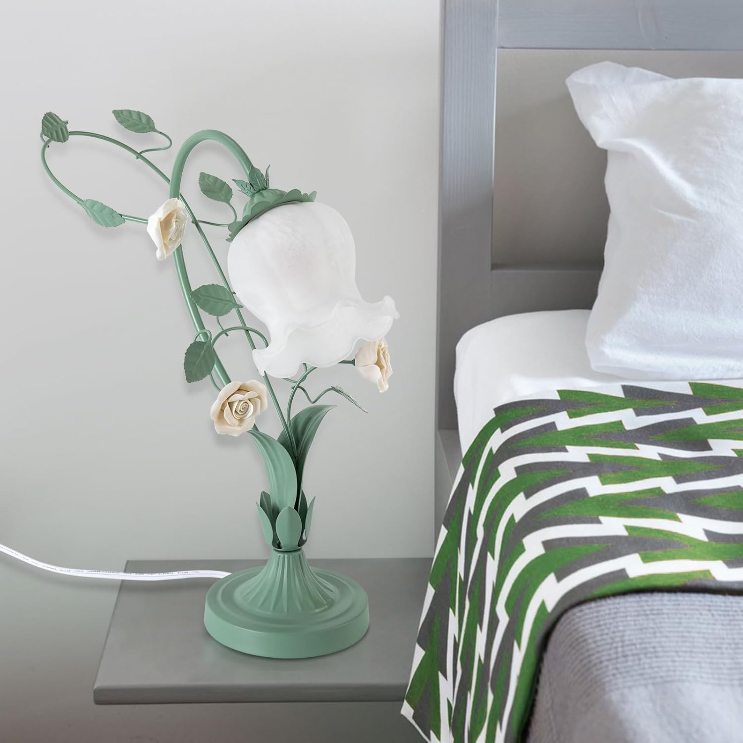 Rose Flower Glass Table Lamp, 17" Tall Bedside Lamp Stained Glass Lampshade Flower Desk Reading Lamps, Nightstand Ceramics Floral Desk Light E26 Bulb for Bedroom Living Room Dresser (Green, White)