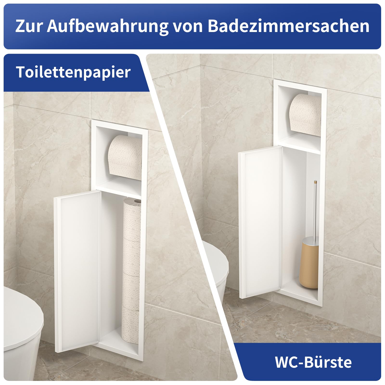 Unterputz-Schrankmodul Edelstahl für die Klobürstengarnitur, Badezimmerschrank mit Toilettenpapierhalter,Mit Schiebetür, 63x15x15 cm, Weiß