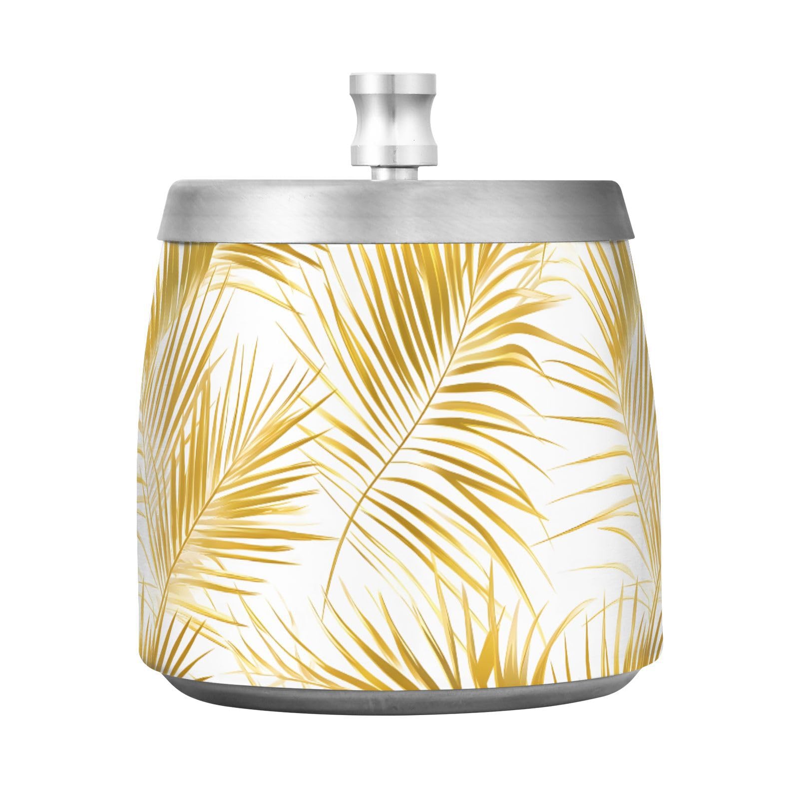 Gold Palm Leaves Ashtray with Lid for Cigarette,Stainless Steel Windproof Ashtrays for Outside Patio Balcony Smokeless Odorless Ash Tray Decor for Home Office