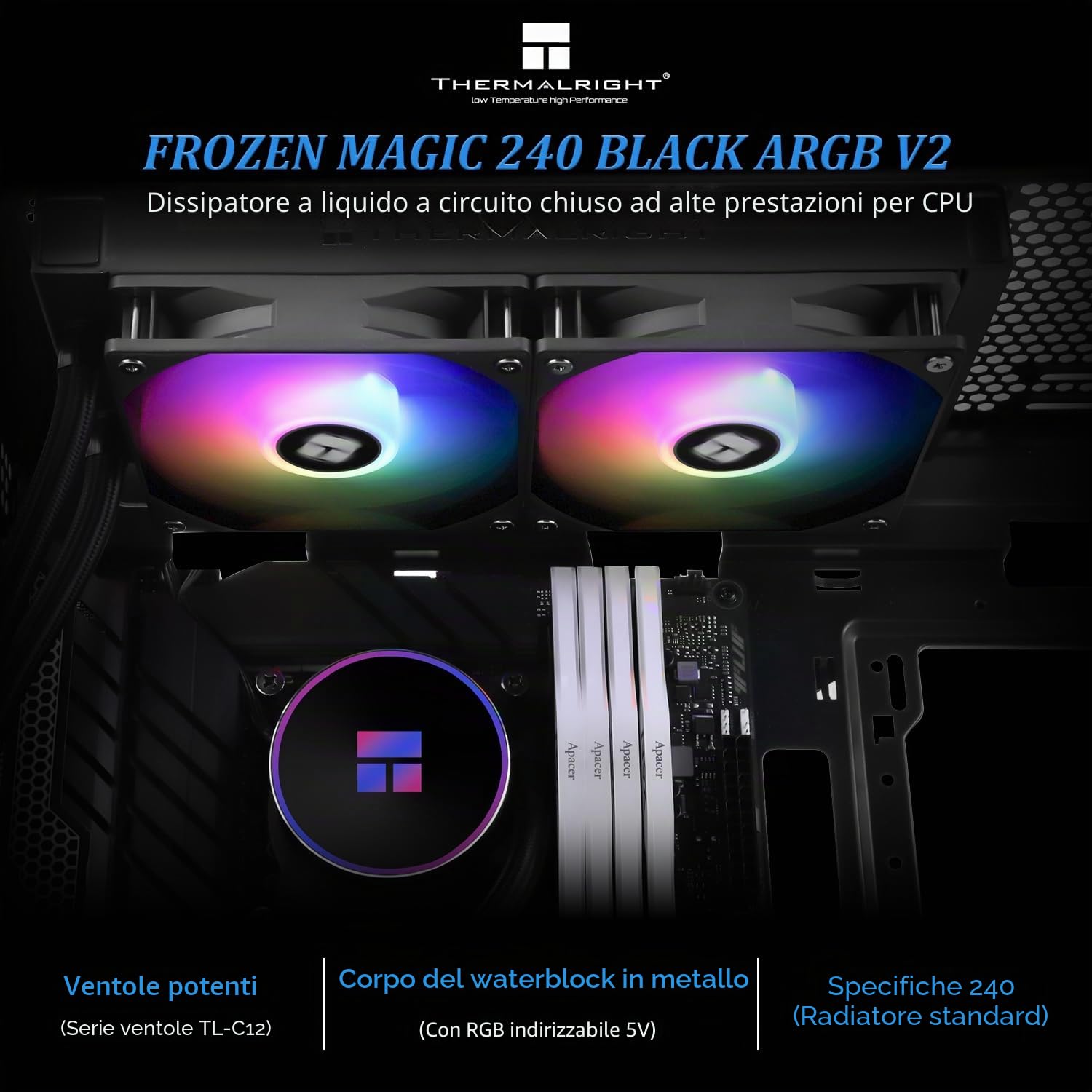 TR Frozen Magic 240 Nero ARGB V2 CPU Raffreddatore Acqua Pompa Efficiente Controllata da PWM per AMD AM4 AM5 Intel LGA1150 / 1151/1200 / 2011/1700 Cooler PC Aio, Nero