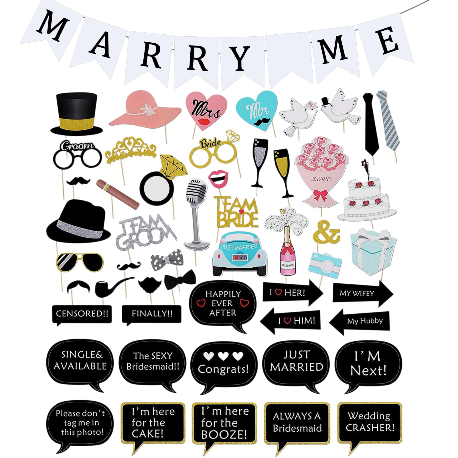 52 pcs Wedding Selfie Frame, Wedding Photo Props, Party Photo Booth Props, PhotoBooth Parties Prop for Bachelorette, Engagement & Party
