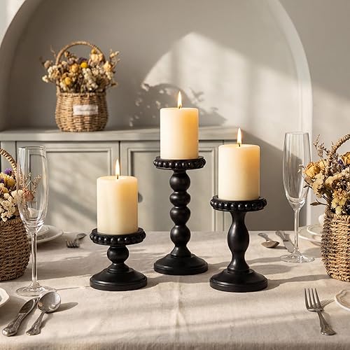 Miniatura 4 de Mumufy 3 portavelas para velas de pilar, decoración rústica de casa de campo, decoración del hogar, con cuentas lavadas, portavelas de madera blanca