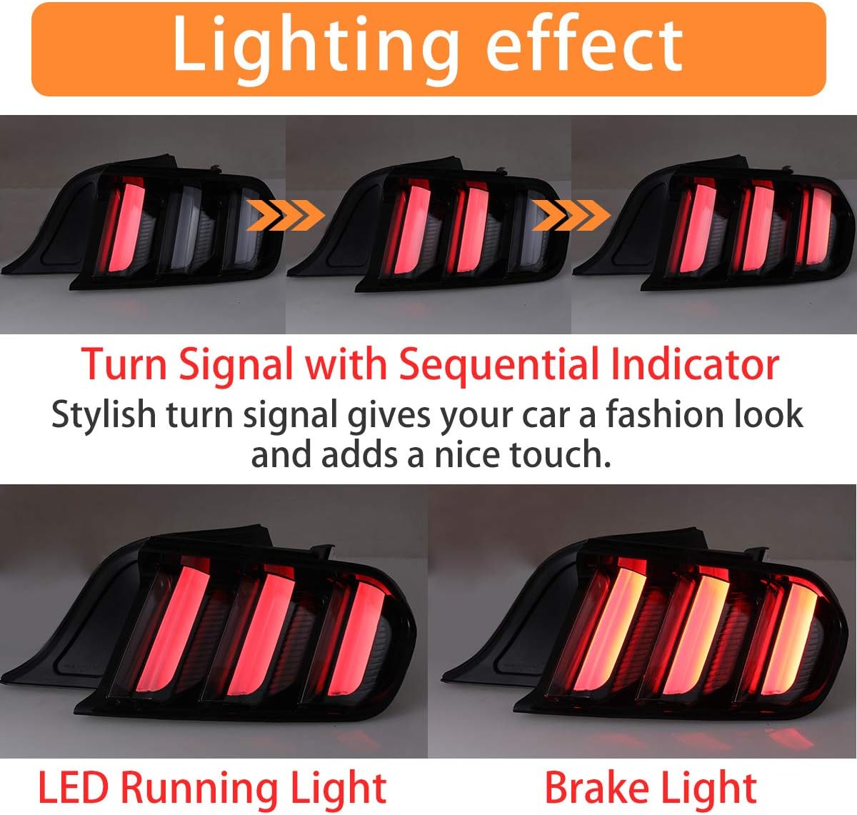 LED Tail Lights for 2015-2020 Ford Mustang with Sequential Turn Signals Black Housing Clear Lens 2PCS
