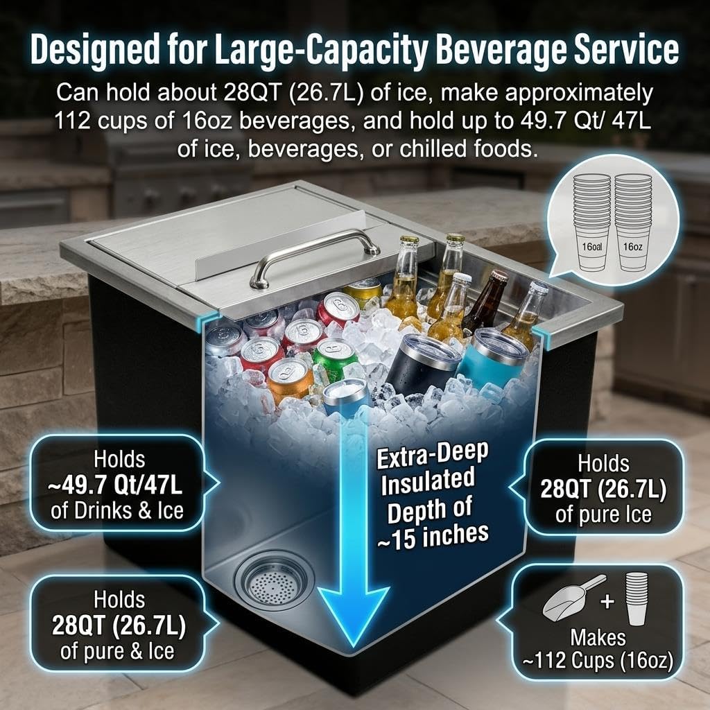 Stainless Steel Ice Chest, 22" L x 17" W x 12" H Stainless Steel Built-in Freezer, 50 Qt Drop-in Ice Bin with Lid, Outdoor Ice Bar, Drain-Pipe & Plug Included, for Cold Beverages Wine Beer