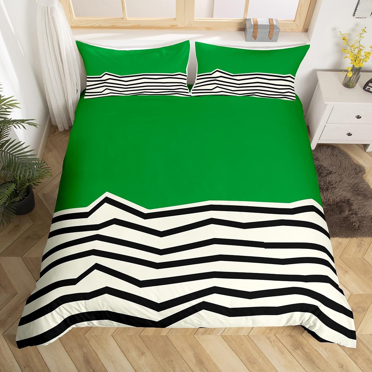 Homewish Green White Geometric King Duvet Cover Set - Abstract Black Wavy Striped Bedding Set with Zipper Closure - Mid-Century Modern Stripe Printed Microfiber Quilt Cover Art Deco Bed Sets