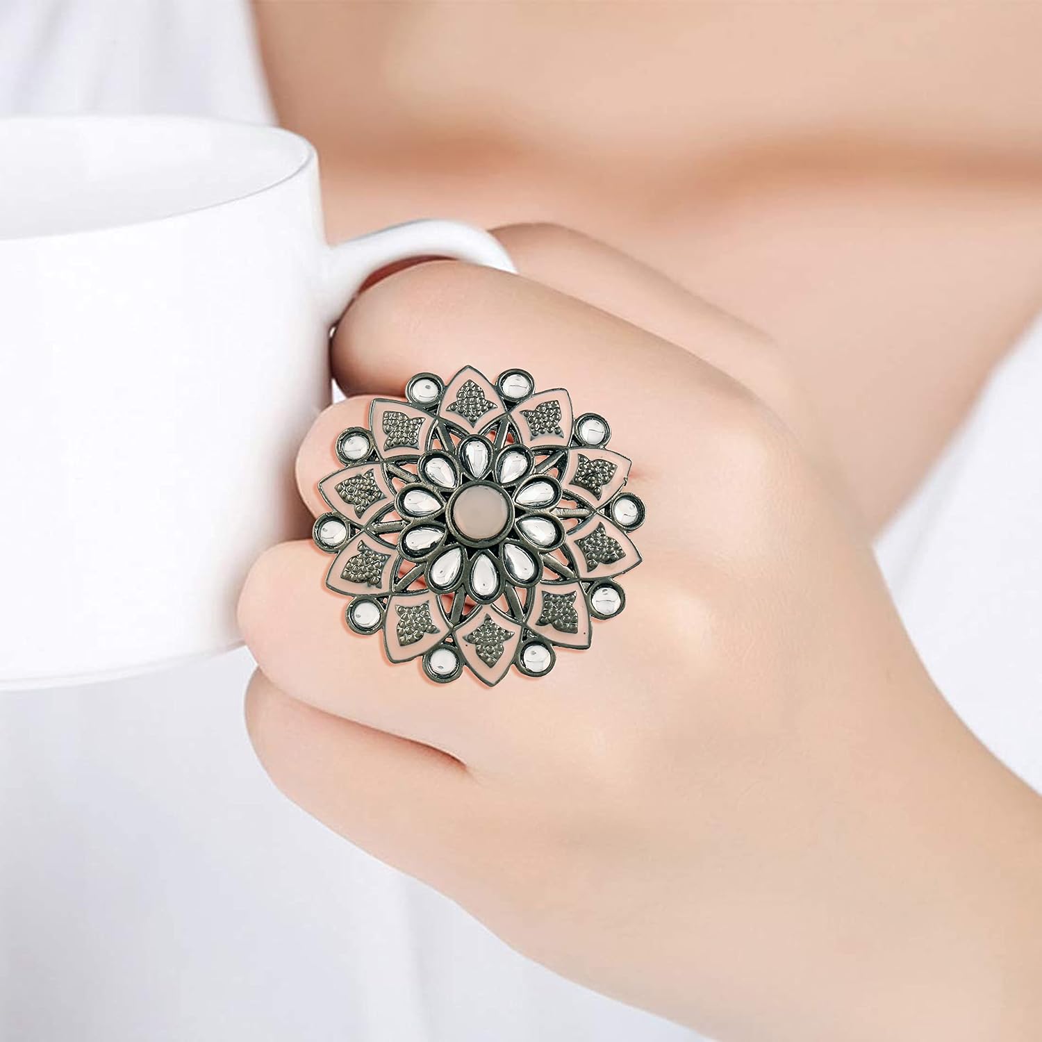 I Jewels Silver Oxidized Indian Wedding Bollywood Kundan Meenakari Work Designer Adjustable Finger Ring for Women