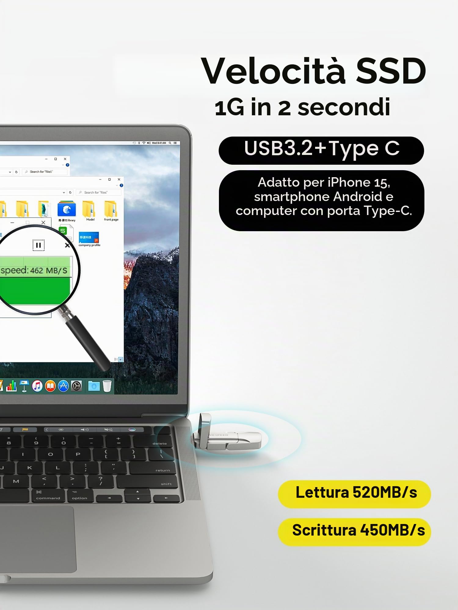 MOVE SPEED 1 TB chiavetta USB 3.2 - Unità flash a stato solido con 520 MB/s, unità USB di tipo C ad alta velocità di seconda generazione