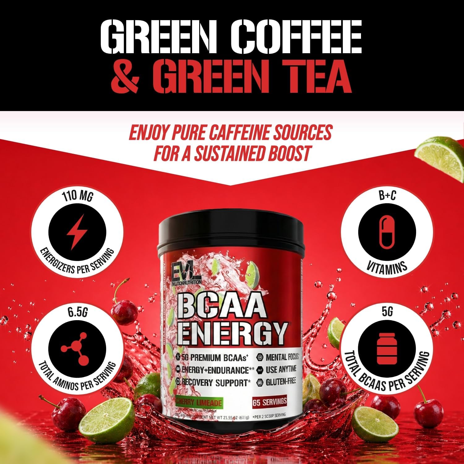 EVL BCAA Energy Amino Acids Powder with Natural Caffeine - Cherry Limeade image 2