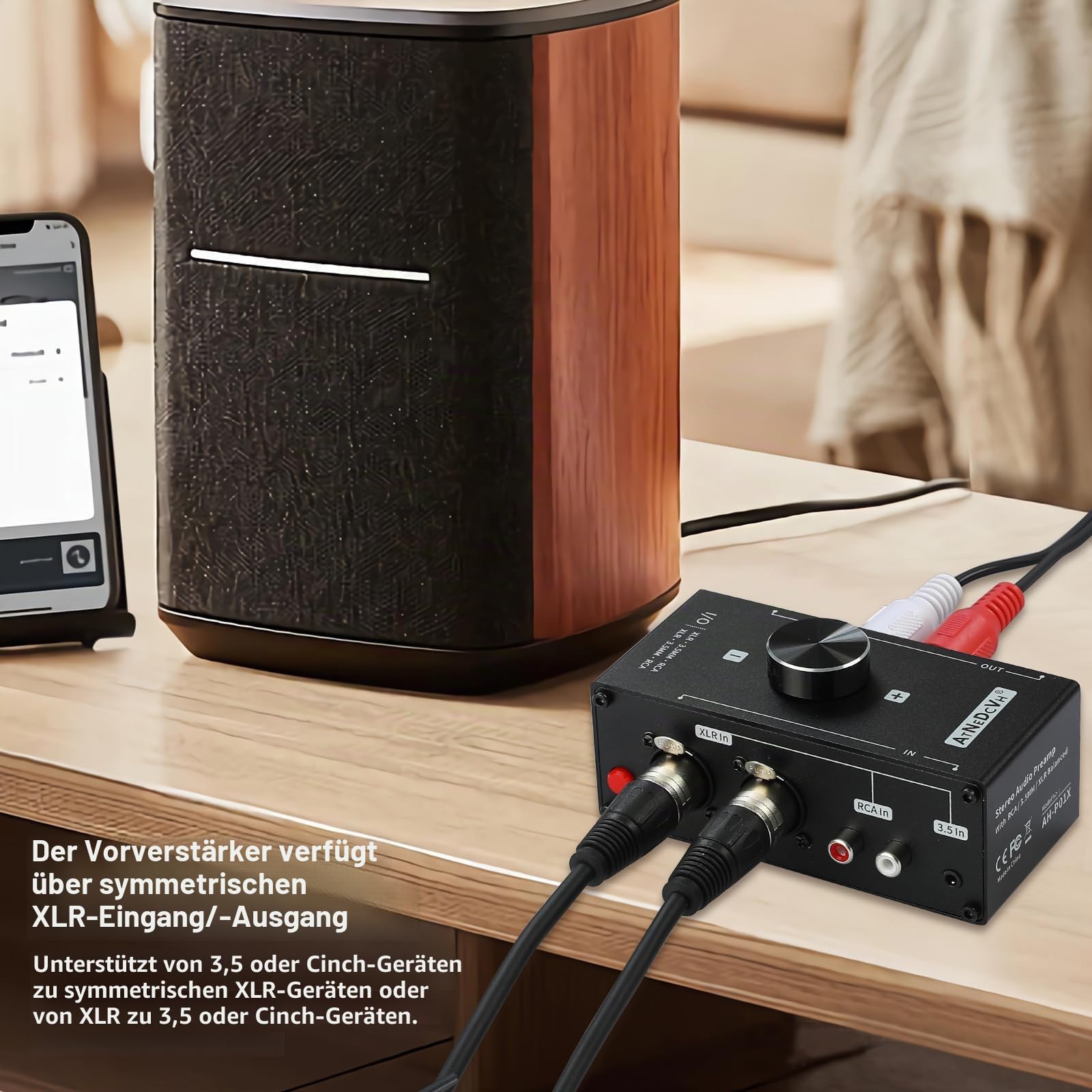 Stereo Audio Vorverstärker – XLR symmetrischer RCA 3,5mm Eingang auf XLR RCA 3,5mm Ausgang, Konverter Adapter Verstärker für Phono Plattenspieler Phonograph (Schwarz)
