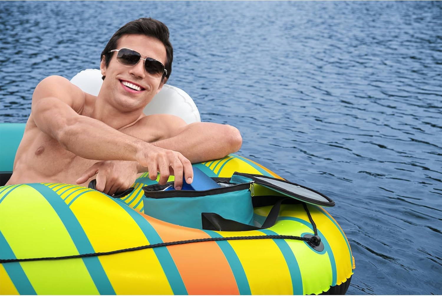 Bestway Hydro-Force 43399E Swimming Pool, Lake, River, Beach Inflatable PVC Clasp N Go Inner Tube Ring Float with Cup Holder, Sunkissed Orange Yellow