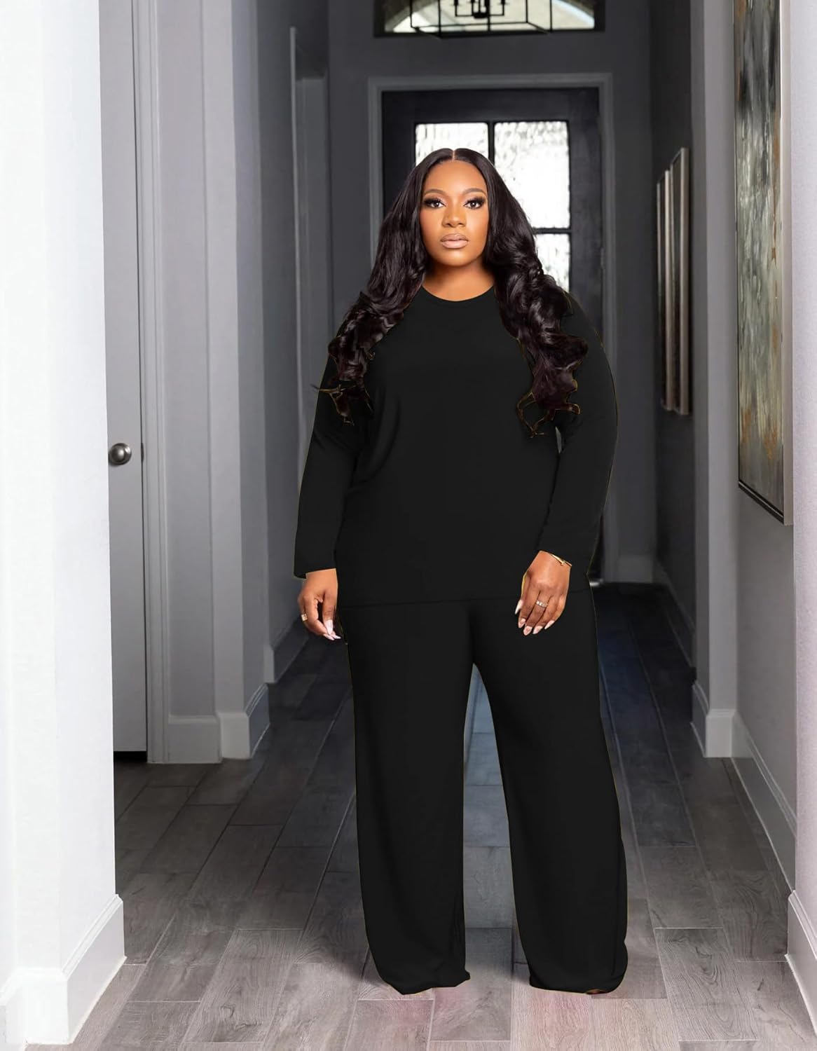 TOPSRANI Womens Plus Size Lounge Set V-Neck 2 Piece Outfits Sweatsuits Tracksuit Long Sleeve Baggy Wide Leg Pant Sets - Image 3