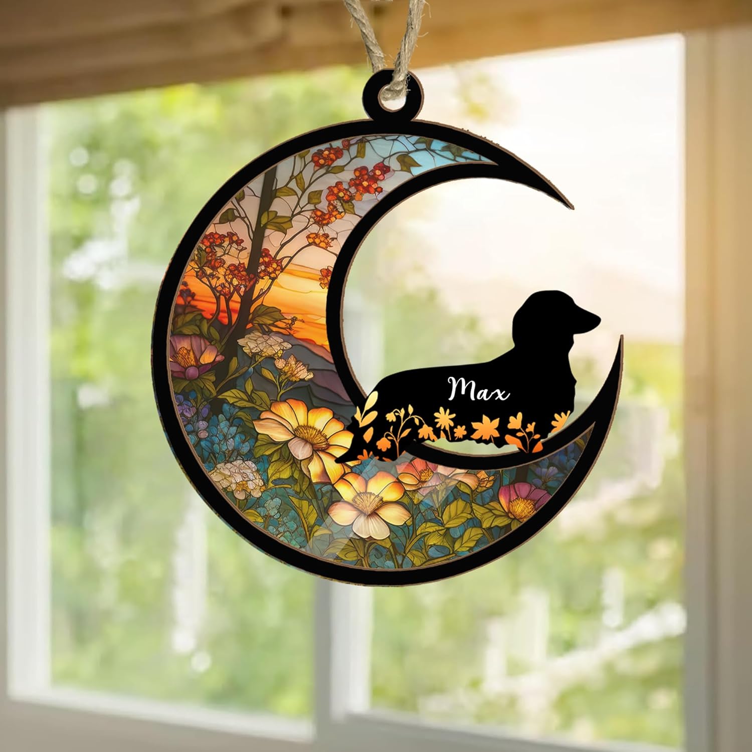 NAZENTI Personalized Black Dachshund Long Hair Dog Memorial Ornament, Custom Name Date Dog Sun Catcher, Pet Loss Ornament, Gift for Lovers, Memorial Loss of Pet Sympathy Gift