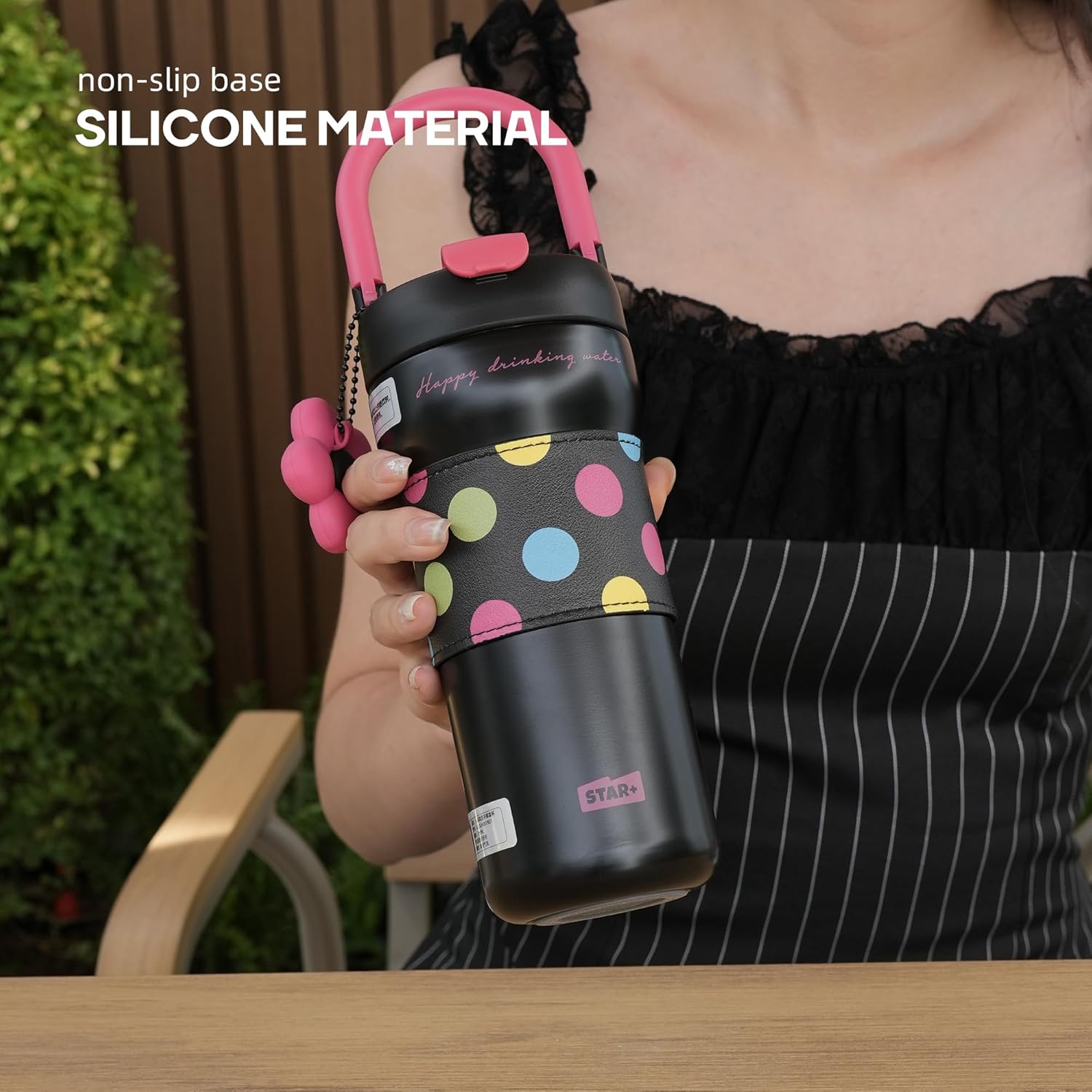 24 oz Insulated Tumbler Drinks Flask for Women, Stainless Steel Leak Proof Tumbler Portable Water Bottle Fits in Cup Holder Resuable Travel Coffee Mug- Polka Dot Black - Image 4