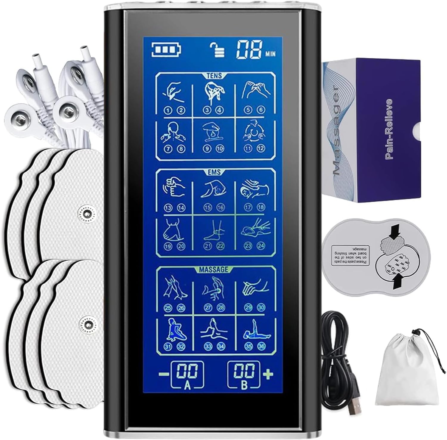 Beauenty Dual Channel TENS EMS Unit 36 Modes Mini Rechargeable Physiotherapy Instrument for Pain Relief Therapy,Deep Tissue Shoulder Pain Relief,Electronic Pulse Massager Muscle Massager (36-Black)