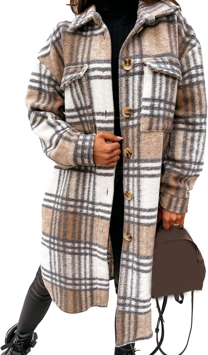 PUWEIWomen's Long Flannel Plaid Jacket Shacket Cozy Lapel Button Down Shirt Jacket Fuzzy Trench Coat