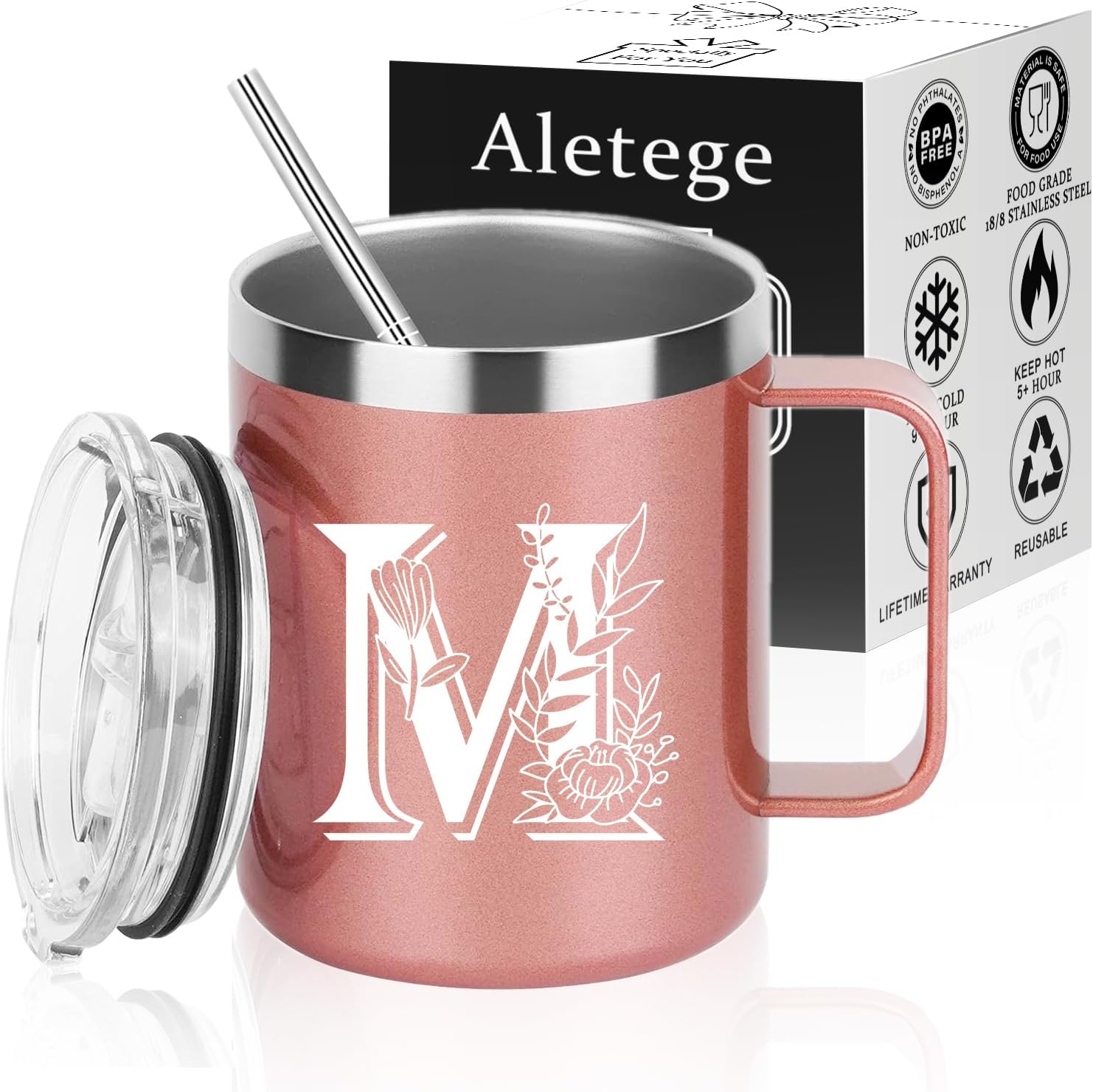 Letter M Insulated Coffee Mug with Lid and Handle, Personalized Initial Mugs for Wo...