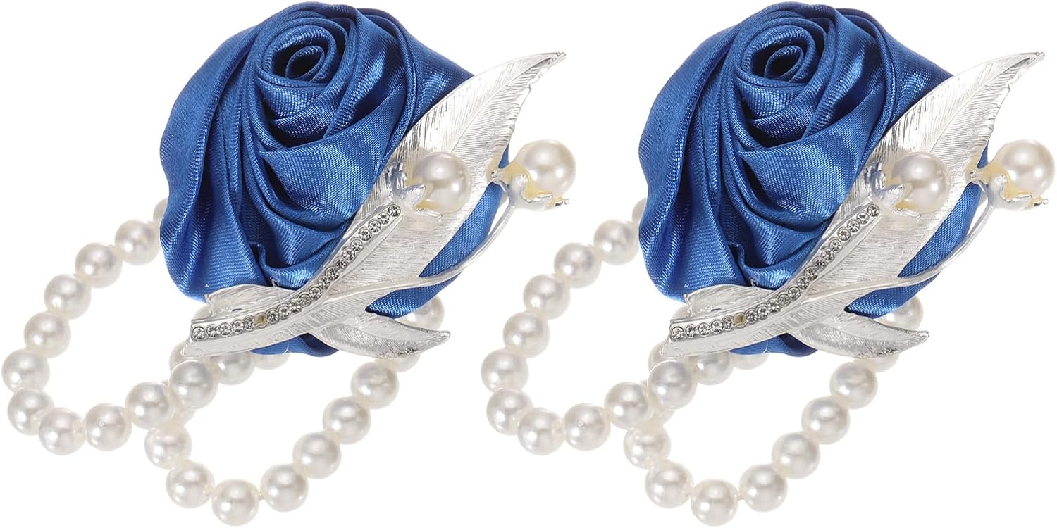 MECCANIXITY 6Pcs Wrist Corsage Artificial Flower with Faux Pearl Bracelets Rose Wrist Bride Groom Decorative for Wedding Ceremony Prom Party Anniversary, 2.4 x 2.8 Inch Coffee