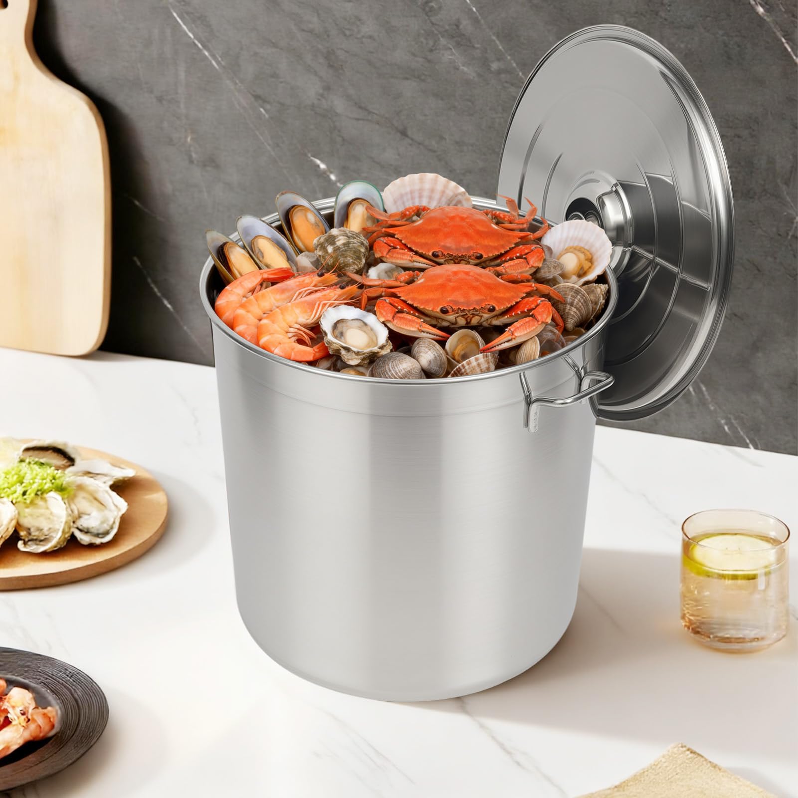 Pentola per zuppa in acciaio inox con coperchio e inserto a vapore, pentola a induzione da 50 l, in acciaio inox, per uso commerciale, grande cucina, campeggio