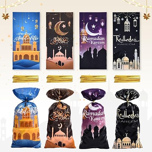 Miniatura 7 de 100 bolsas de celofán Eid Mubarak, bolsas de celofán de Ramadán Kareem, bolsas de regalo de celofán Eid Moon, bolsas transparentes de dulces de