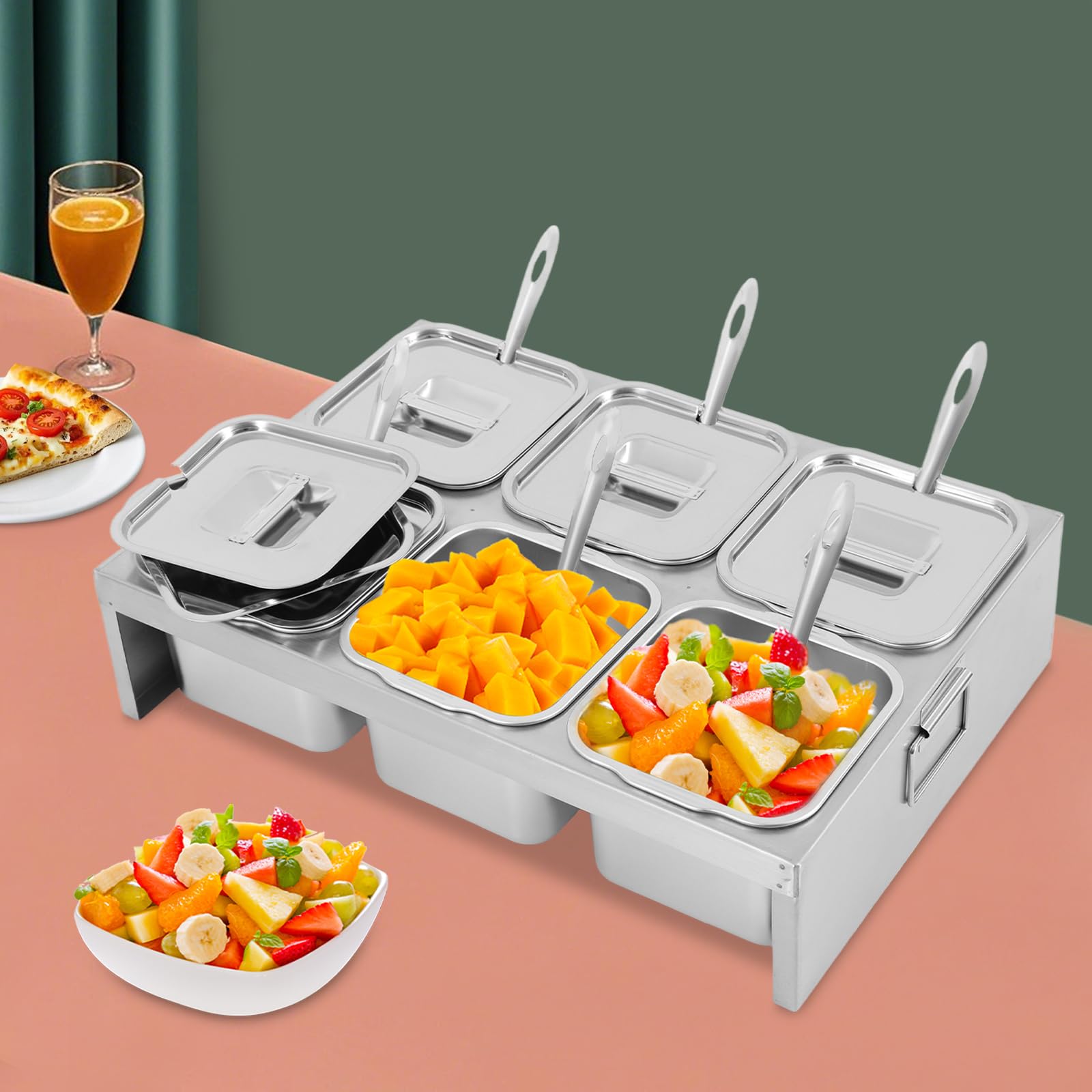 LEYSRIS Countertop Food Serving Display Container, 6 Pan Stainless Steel Food Serving Tray Detachable Food Storage Container, Buffet Condiment Dispenser Display Rack with Spoons