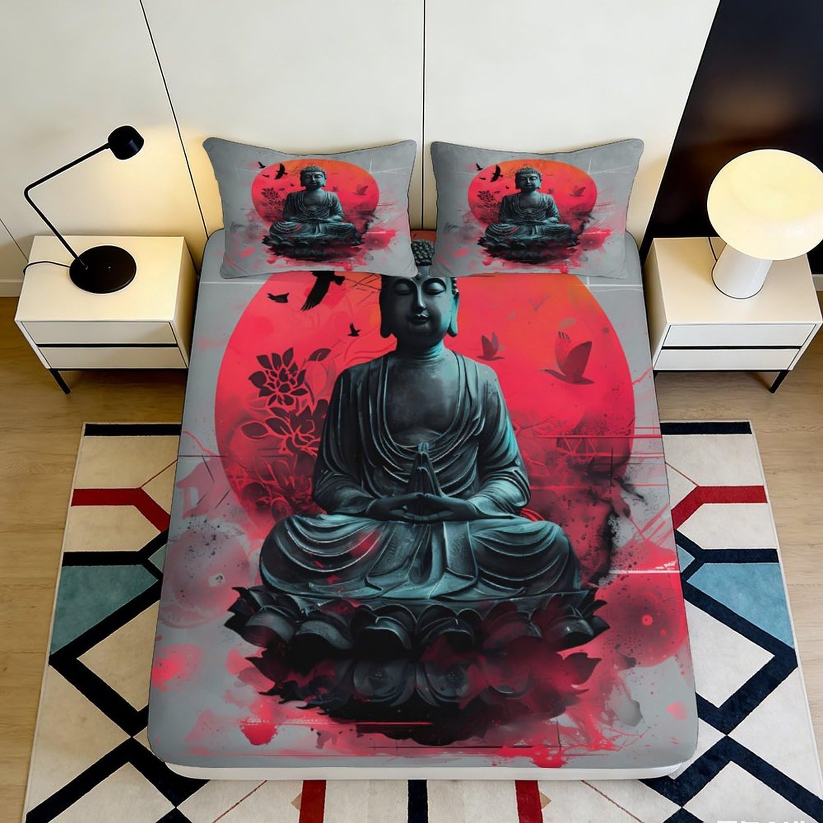Uxinyoume Style-1 3D Printed Buddha Statue Fitted Sheet Microfiber Grey Red Artistic Bed Cover For Bedroom Guest Room Easy Care Decor 90X200x25cm