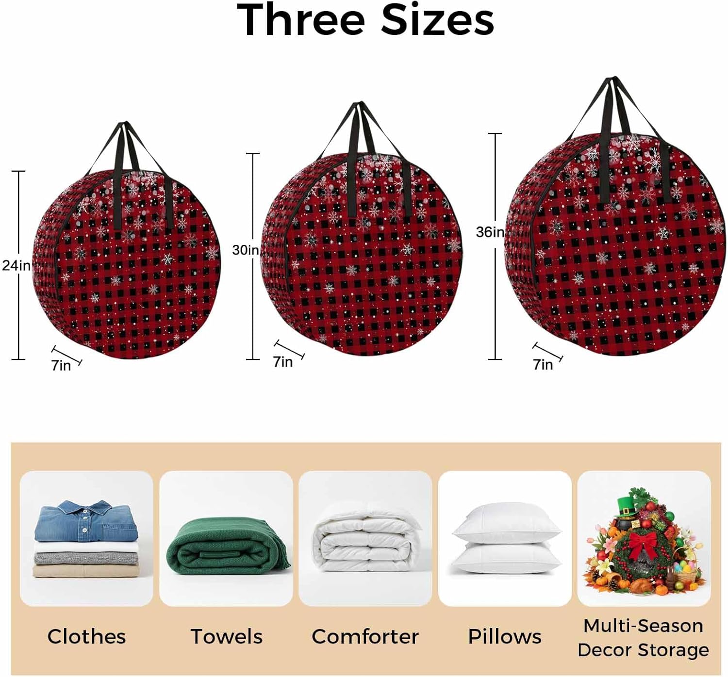 Christmas Snowflake Round Storage Bag 36 Inch, Black and Red Buffalo Plaid Clothes Storage Container with Handles Heavy Duty Organizer for Comforter, Bedding & Holiday Wreaths
