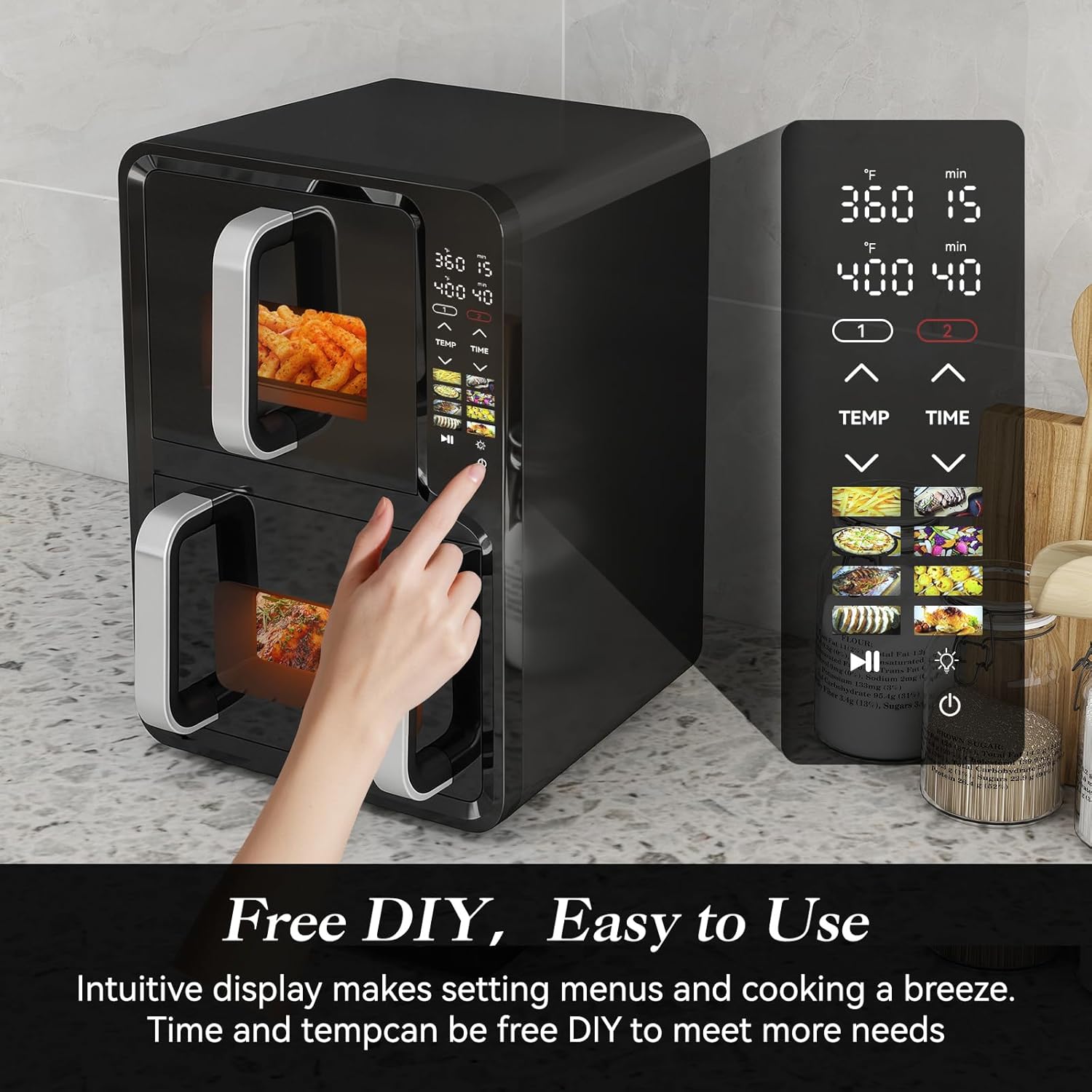 12QT Dual Basket Air Fryer, Vertical Double Stack XL 2-Basket, Feeds Up to 10 People, 8-in-1 Presets with Digital Touchscreen to Free DIY, Compact Design, Easy to Clean, Black