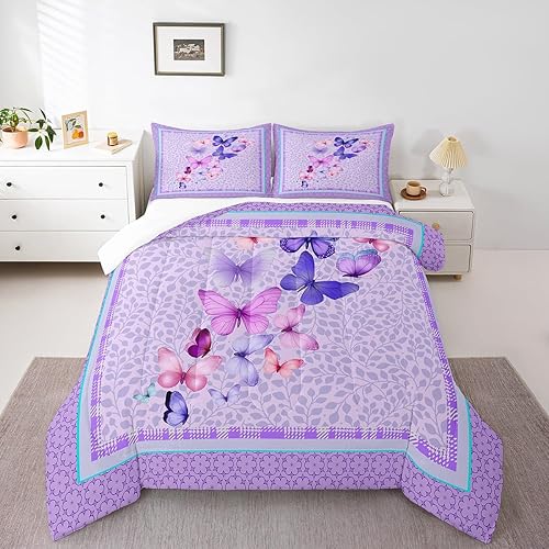 Miniatura 5 de Castle Fairy Juego de edredón de mariposas con flores moradas para niños, niñas, mujeres, adultos, plantas y hojas, juego de edredón acolchado con