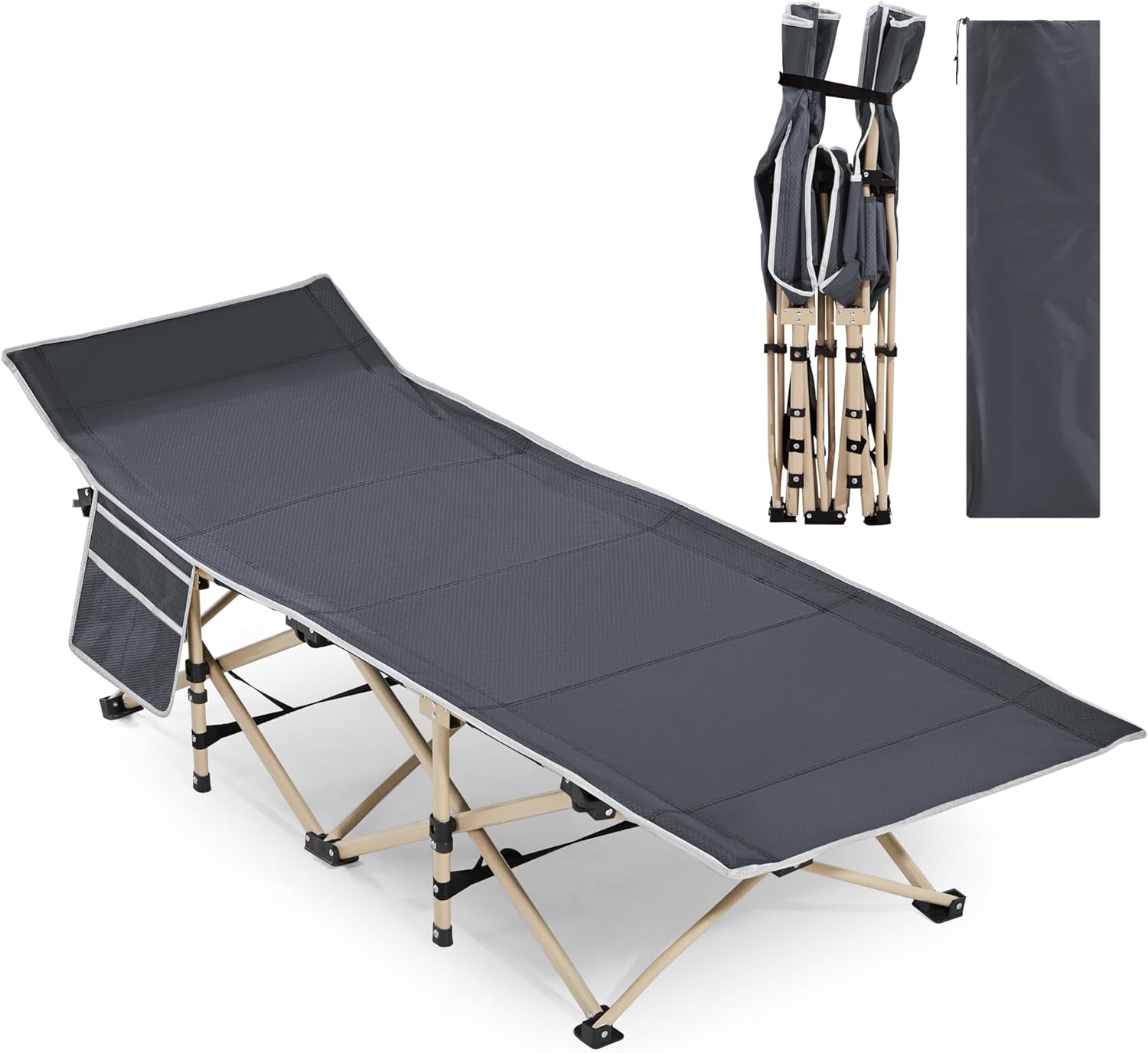 Topeakmart Single Camping Bed Folding Camping Cot Bed Siesta Lounge Chair Adults Portable Foldable Camp Cot w/ 2 Side Storage Bags & 1 Carry Bag Outdoor/Indoor/Hiking/Travel/Beach/Office/Home