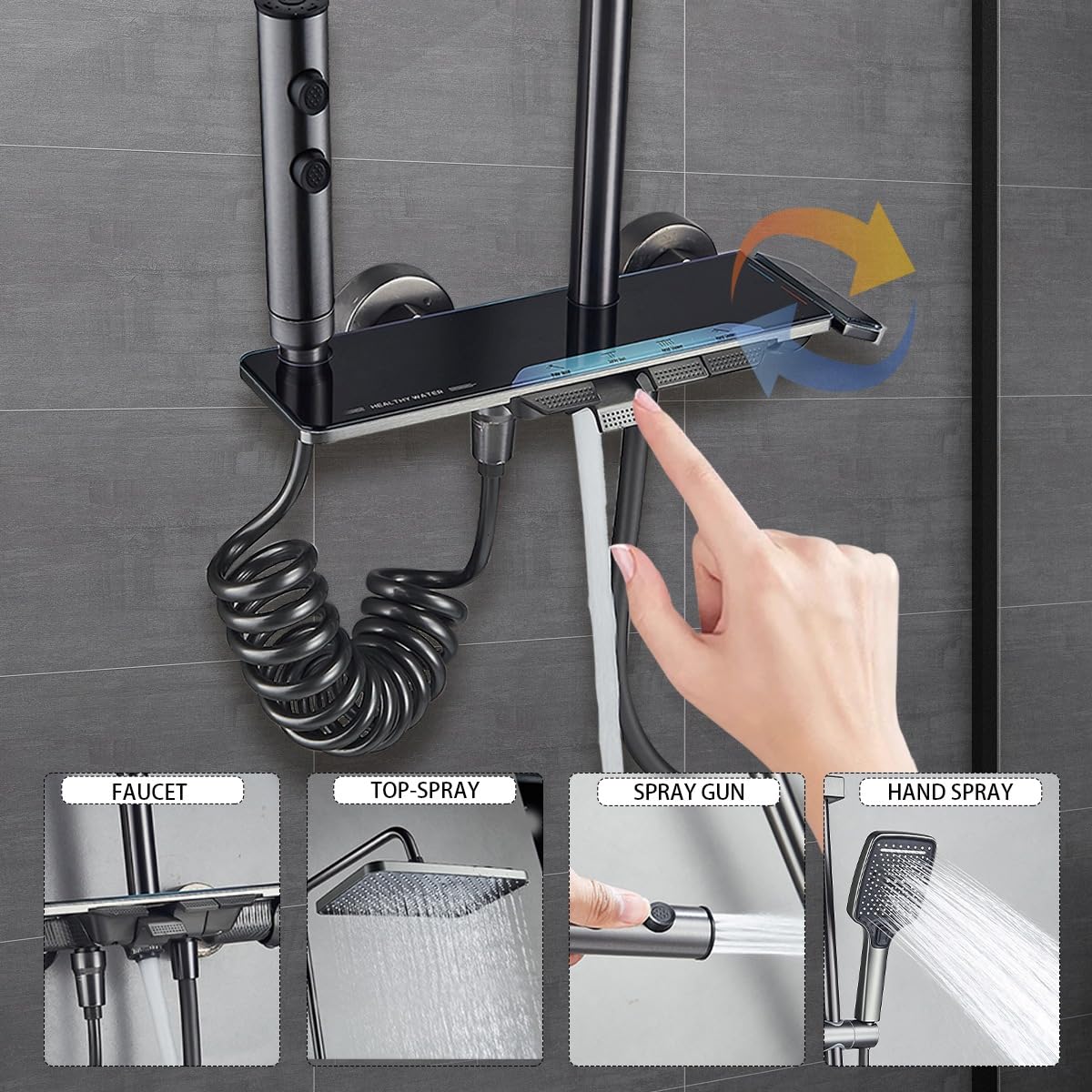 Colonne de douche avec Mitigeur, système de douche avec douche à effet de pluie 30x20cm, douchette à main,bec de baignoire caché,hauteur réglable, et pistolet d'arrosage pour la salle de bain