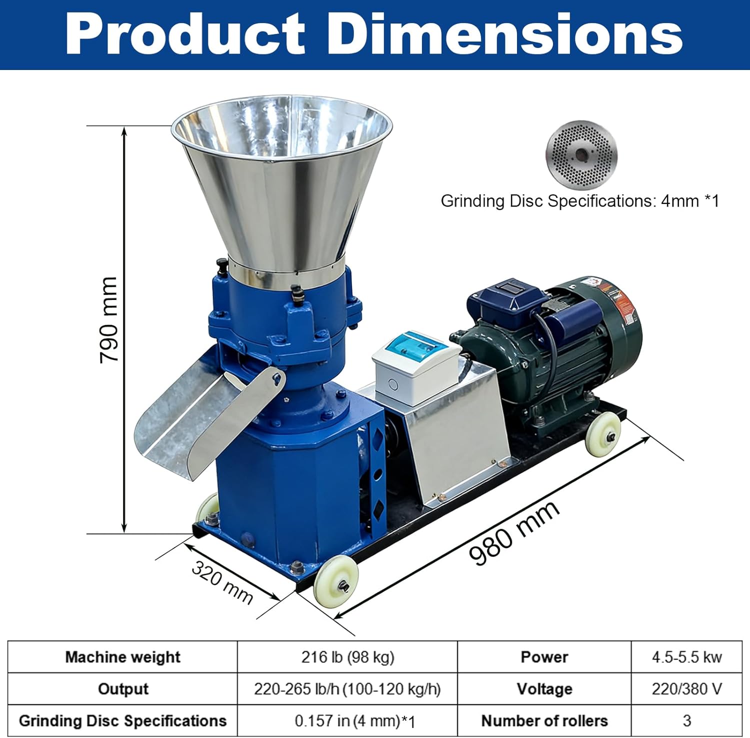 220V 4MM Pellet Machine Animal Feed,Pellet Mill Machine with 3 Head Rollers for Chicken Duck Livestock Poultry Farm (220-265 LB/H,5.5KW)