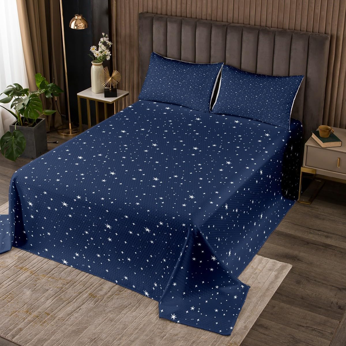 Galaxy Lightweight Quilt Set for Kids Teens,White Stars Print Bedspread Coverlet,Navy Blue Bedding Set Decorative Quilted 3 Pieces with 2 Pillowcases,Queen Size