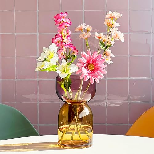 Miniatura 5 de Cloudnola Florero grande reversible de cristal y florero, amarillo y rosa, 9.5 pulgadas de alto x 5.6 pulgadas de diámetro, decoración del hogar,