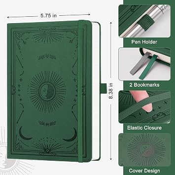 A5 Sketchbook, Blank Notebook, 192 Pages, Hardcover, Dark Green | Journals for Women & Men, 100 GSM Thick Paper, Sun and Moon Cover Design, for Sketching, Drawing, Painting, 14.5 x 21cm