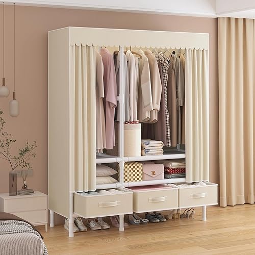 Miniatura 2 de Armario portátil, perchero resistente con cubierta, armario con 1 varillas para colgar, 2 estantes de almacenamiento y 3 cajones, 43.3 pulgadas de