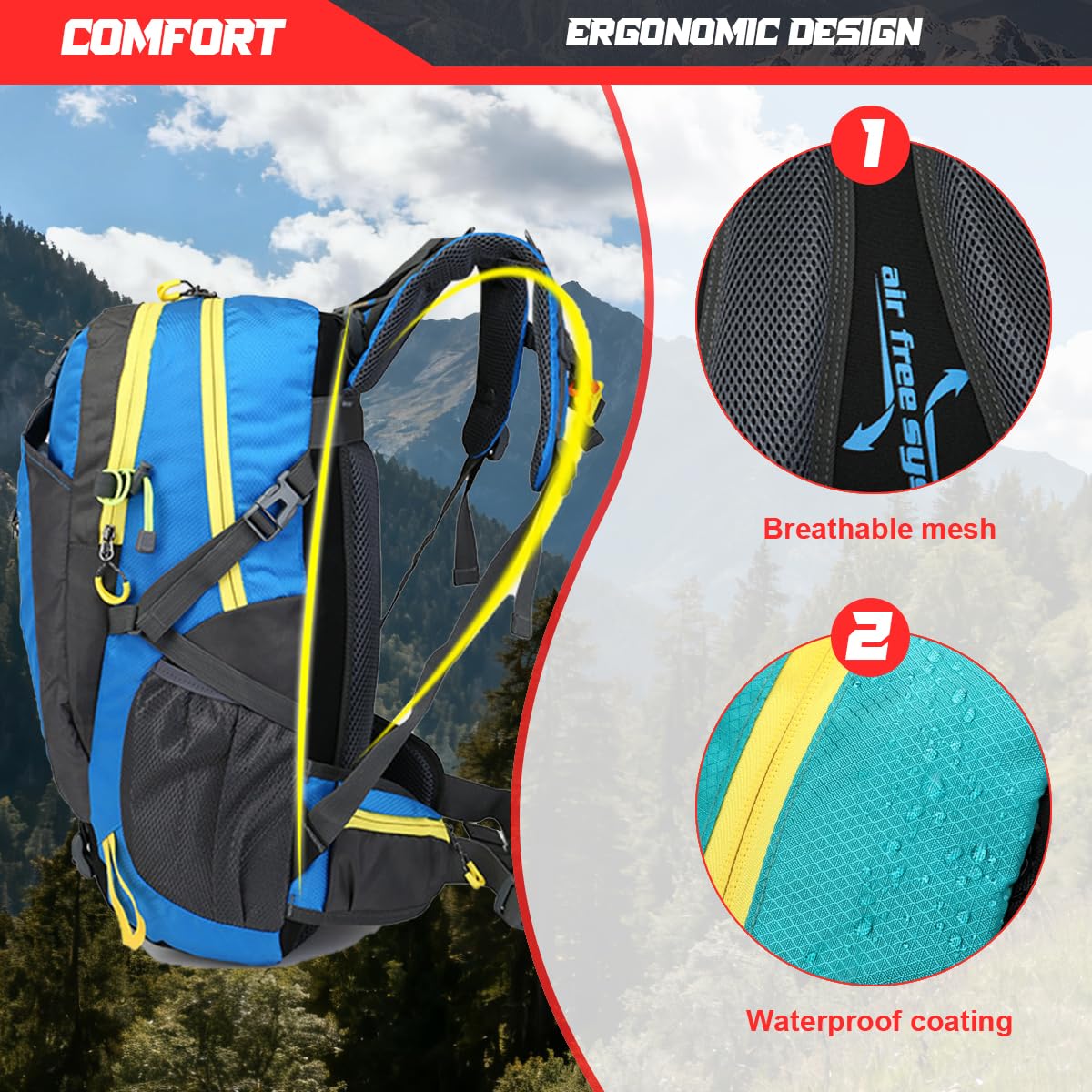 Sac Randonnée 40L,Sac de Randonnée Hommes Femmes Imperméable avec Bretelles Ajustables pour Randonnée,Camping,Trekking