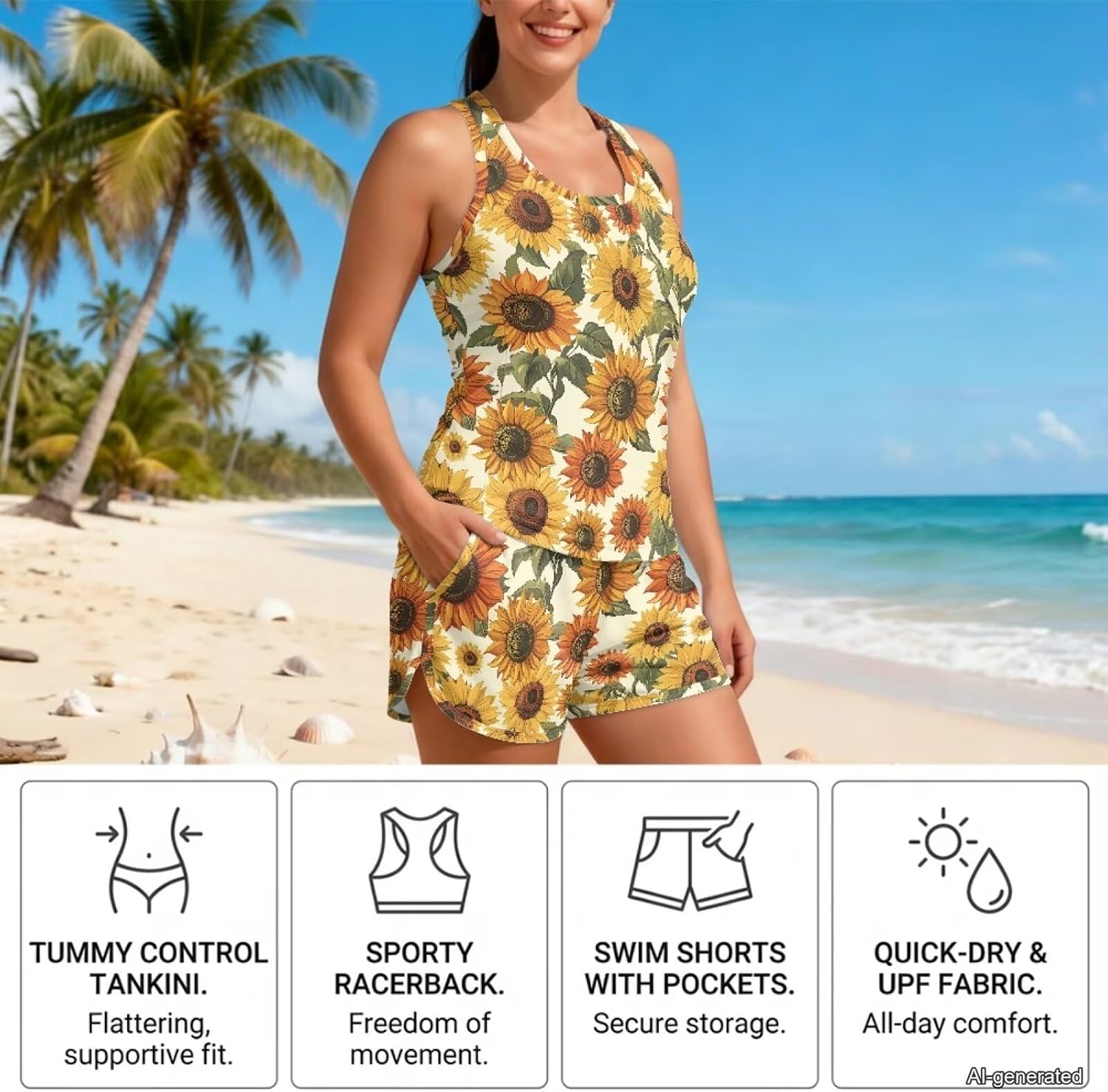 Sunflower Printed Printed Womens Tankini Swimsuits Tummy Control Swimwear Two Piece Bathing Suits Breathable Swimsuits with Shorts, XL