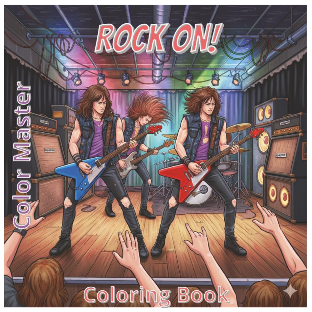Rock On! - Adult Coloring Book - Heavy Metal Punk Rock Rockstars Stages Musicians Instruments Drums Guitars Bass Vocals