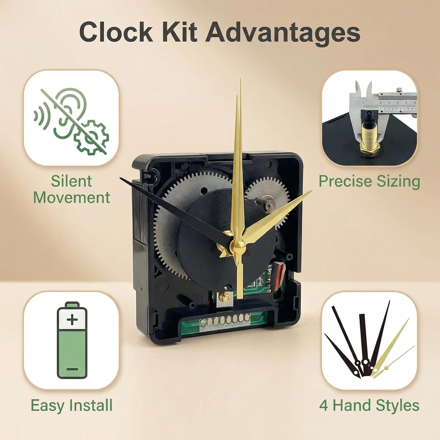 DCF77 Radio Controlled Wall Clock Movement - DIY Quiet Repair Kit with 4 Pairs Hands (Black & Gold) - Precise Motor 72 x 56 x 19mm, Axis 24mm, for Dials 10-13mm