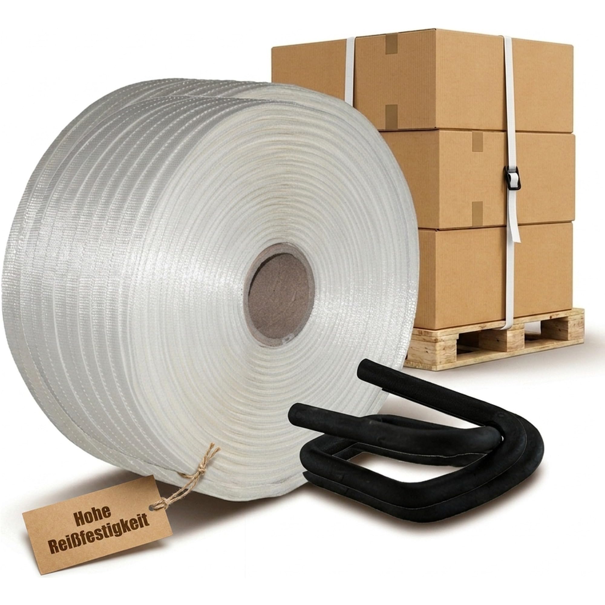 KK Verpackungen Umreifungsband Textil gewebt 19 mm, 100 Verschlussklemmen phosphatiert | 400 m Rolle, 975 kg Reißfestigkeit HD | Polyester Umreifungsset mit Metallklemmen | Zum Bündeln von Produkten