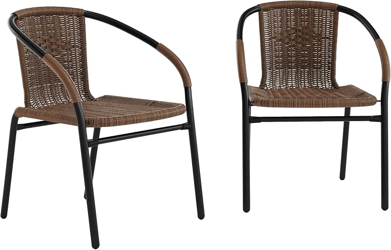 Sillas de comedor apilables de ratán moderno Lila para interiores/exteriores, sillas de bistró de ratán apilables para patio o restaurante, juego de 2, marrón | Grado comercial, uso en interiores/exteriores