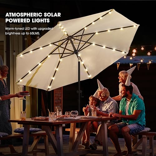 Miniatura 7 de Wikiwiki Sombrillas solares de 9 pies para patio con LED, para mercado de mesa al aire libre con 32 luces, botón de inclinaciónmanivela, 8 varillas