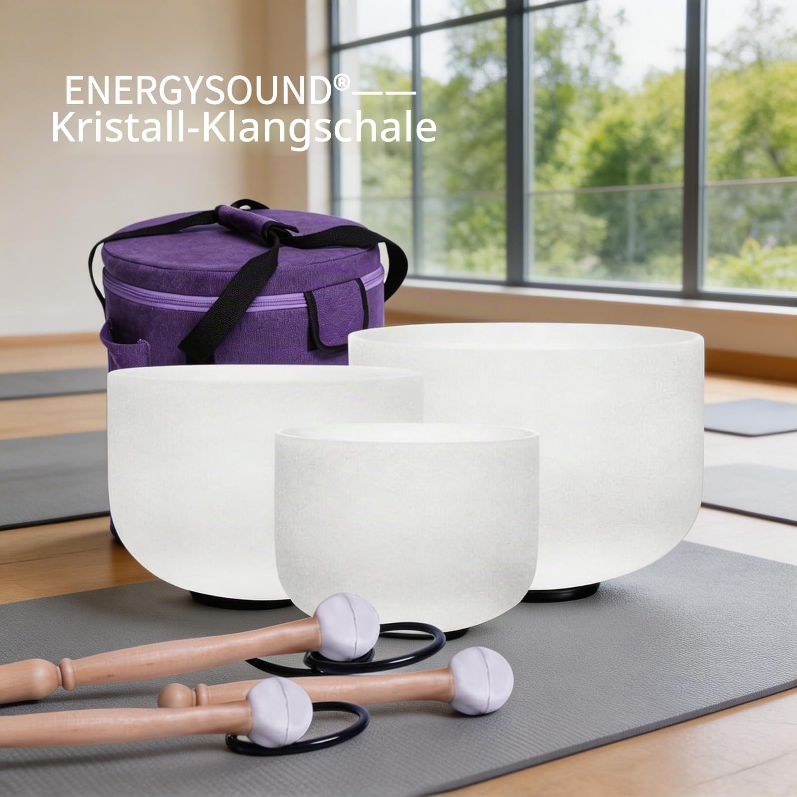Energysound Perfect Pitch Chakra Singing Bowls 432Hz 11" D 9" F 7" B Frosted Quartz Crystal Singing Bowls with Canvas Bag