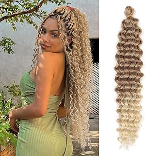 شعر كروشيه مموج بطول 55 سم، ضفائر شعر كروشيه صناعي مموج كثيف، وصلات شعر (طول 55 سم، لون 27/613)، عبوة من 3 قطع