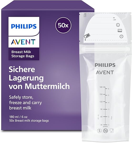 Philips Avent Muttermilchbeutel – Vorsterilisiert, zur Aufbewahrung von Muttermilch im Kühl- oder Gefrierschrank, BPA-frei, auslaufsicher, einfache Befüllung und Lagerung, 180 ml, 50 Beutel, SCF603/50 - 1